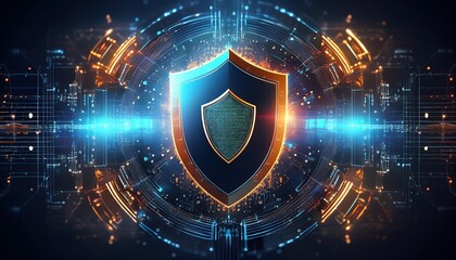 A digital shield symbolizes cybersecurity, surrounded by glowing circuits and data streams, representing protection and technology.