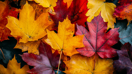 Fototapeta premium Close-up of autumn maple leaves, blurred background