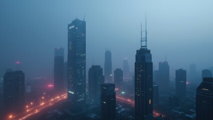 Fototapeta premium Cyberpunk Metropolis: Futuristic Cityscape Shrouded in Fog