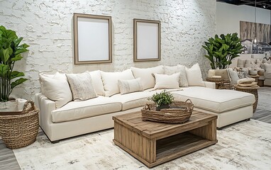 Obraz premium Cream sectional sofa with wooden coffee table and plants in a modern living room.