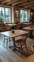 Fototapeta premium Cozy dining area with wooden tables and chairs in a well-lit restaurant setting