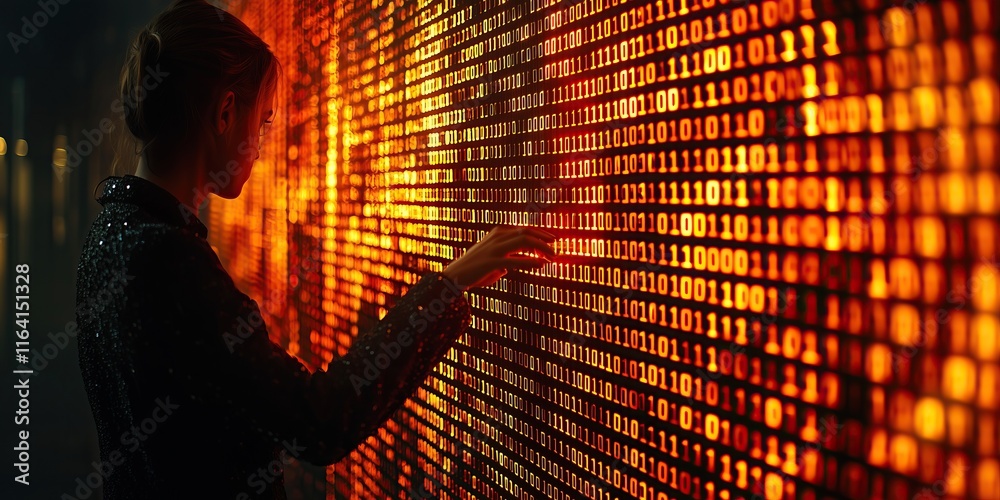 Poster woman interacts with glowing wall of binary code futuristic digital interface