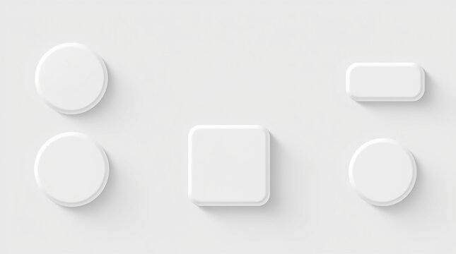 Set of white buttons, various shapes.  UI/UX design elements.