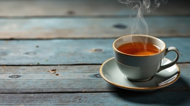 Aromatic Tea Steaming in a Pale Cup on Rustic Weathered Wooden Surface