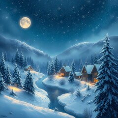 Tranquil winter night scene with cozy cabins