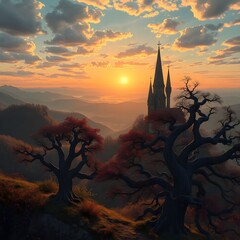 Tranquil sunset landscape with Gothic church and autumn trees