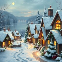 Cozy winter village scene with snow-covered houses
