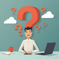 Young man contemplating with question marks and laptop