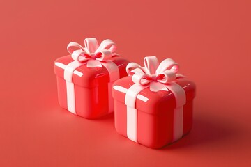 Obraz premium Christmas-themed refrigerator magnets with holiday designs, 3d illustration of two light red gift boxes with bows and ribbons, isolated on light red background