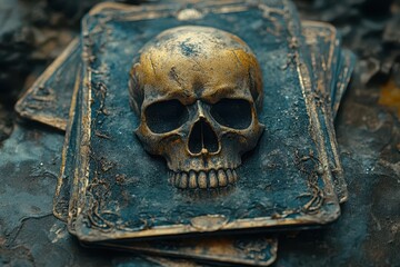 antique tarot card featuring a skull motif set against a vintage background capturing a sense of mystique and occult symbolism through intricate designs and aged textures