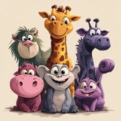 Naklejka premium A Group Of Friendly Cartoon Animals Together