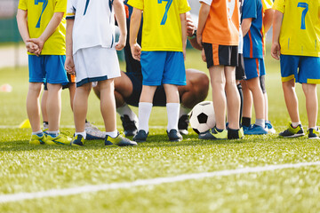 Fototapeta premium Children With Soccer Coach. Football Soccer Children Training Class. Kids Practicing Football on a Grass Field. Group of School Children Running and Kicking Soccer Balls on Summer Training Camp