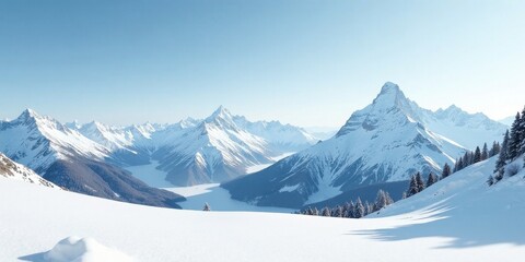 Fototapeta premium A breathtaking panoramic view of snow-capped mountain peaks and a serene frozen lake nestled within a valley, bathed in the soft light of a winter sun.