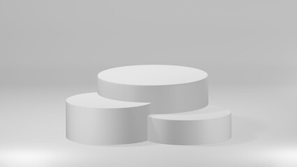 3D Cylinder 3 white pedestal podiums with layer and close up on background clean luxury style