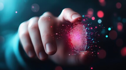 A hand presses against a glowing digital fingerprint, symbolizing security, identity verification, and advanced technology in a futuristic setting.