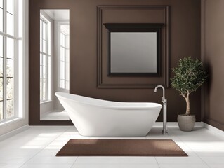 Fototapeta premium Modern Brown Bathroom With Freestanding White Tub