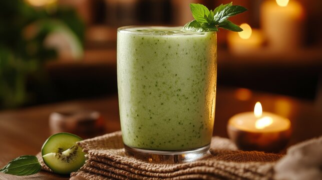 Refreshing green smoothie placed on a towel beside a pool area with tropical surroundings