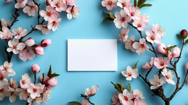 Delicate cherry blossoms frame a blank card on a serene blue background, perfect for spring announcements