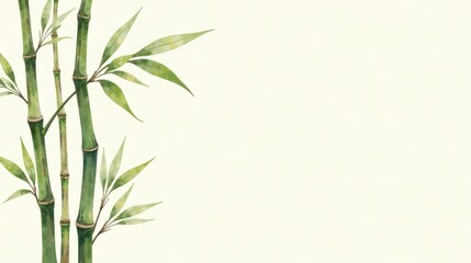 Fototapeta premium Serene Bamboo Stalks with Lush Green Foliage on a Soft Cream Background, Ideal for Peaceful Designs and Tranquil Atmospheres