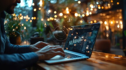 A person types on a laptop in a cozy, illuminated environment, with digital graphics overlaying the screen, suggesting data analysis or programming.