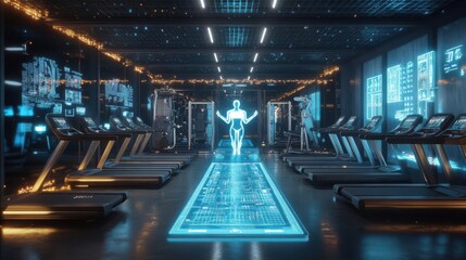 Fototapeta premium Train with holographic coaches in a futuristic gym and track your health with digital monitors