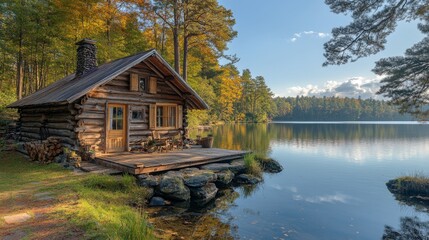 Obraz premium Cozy log cabin by the serene lake surrounded by autumn foliage at dusk