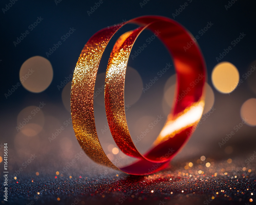 Poster glittering red and gold ribbon with festive bokeh background in warm tones