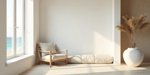 Serene Coastal Living Room Design Featuring a Comfortable Armchair and Floor Cushion, Bathed in Natural Sunlight