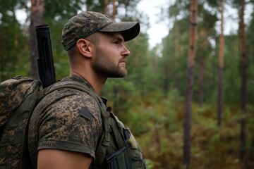 Fototapeta premium A side profile shot of a soldier wearing a camouflage uniform and cap, symbolizing strength, duty, and vigilance as he stands in serene natural surroundings.
