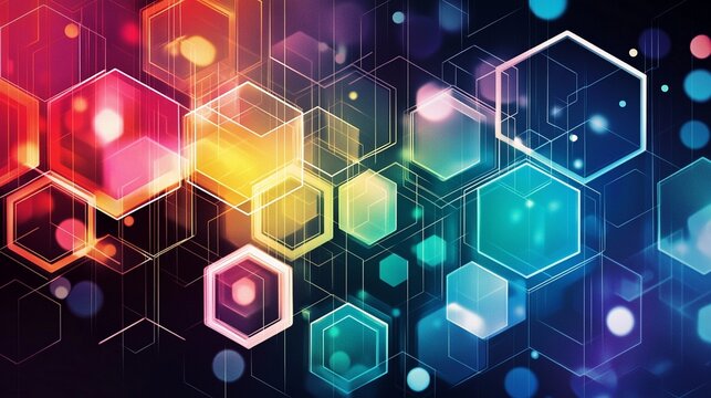 Hexagons, triangles, and squares layered with transparent fills on a dark background.