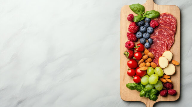 Cold cuts, A vibrant arrangement of cold cuts displayed on a marble surface, ideal for food-related content and culinary presentations.