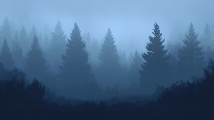 Fototapeta premium Misty forest landscape at dawn, featuring tall evergreen trees shrouded in fog.