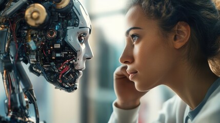 A woman and a humanoid robot engage in a deep, contemplative gaze, exploring the intersection of humanity and technology.
