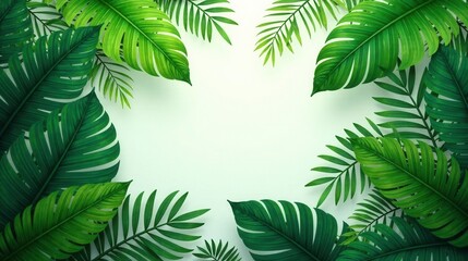 Lush Tropical Foliage Forming a Vibrant Green Border Around a Soft White Background, Perfect for Summer Designs or Relaxation Themes