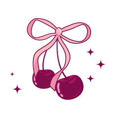 Romantic Illustration with Sweet Cherry berries and Bow. Coquette Style Design Element ribbon. Cherry Vector Illustration.