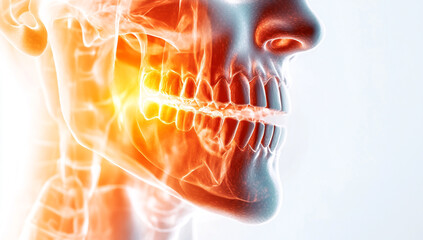 Close-up of jaw in pain, side view on white background, with bright light effect