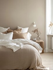 Beige Bedroom Featuring Linen Bedding And Minimalist Decor