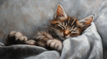 Fototapeta premium Sleepy kitten ready for a nap on cozy bed