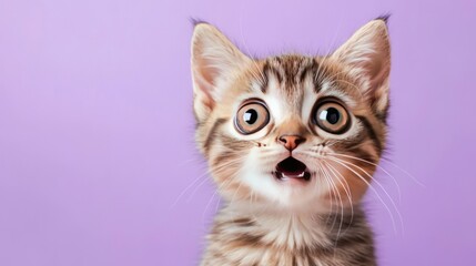 Fototapeta premium Startled kitten on lavender background in 169 ratio