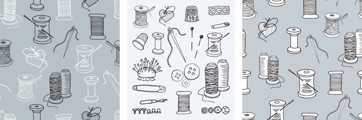 Contour drawings of sewing tools set, seamless patterns of  threads spools and needles, background, paper, wallpaper, vector illustration