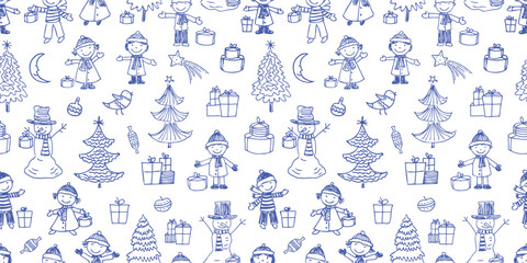 Seamless christmas pattern of outlines happy cartoon children, gifts, snowmen, fir trees in holiday eve, vector background, paper, wrapping, textile