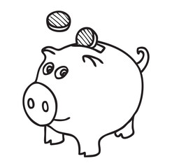 Contour drawing of piggy bank with coins, vector hand drawn illustration isolated on white