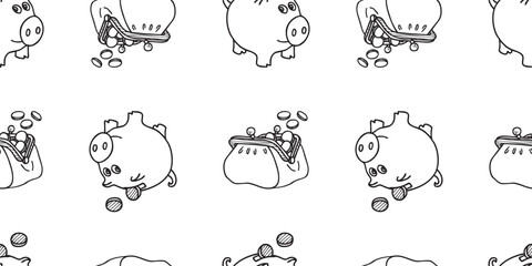 Seamless patern of contour drawings  piggy bank and old purse with coins, vector hand drawn background, paper