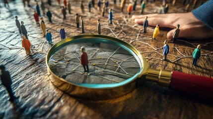 Magnifying Glass Over Figurines Representing Human Connection and Network Dynamics