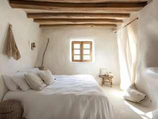 Rustic White Bedroom with Exposed Wooden Beams
