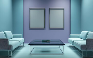 Fototapeta premium Modern minimalist waiting room with two empty frames, light teal sofas, and glass coffee table.