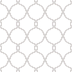 Fototapeta premium Vector geometric lattice seamless pattern. Abstract ornamental texture with curved shapes, elegant grid, mesh. Grey lines on transparent background. Subtle ornament in oriental style. Repeated design