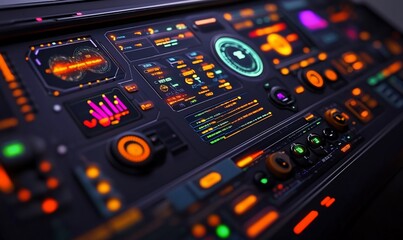Futuristic control panel with glowing interface and digital displays.
