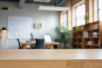 Modern Office Interior with Wooden Desk and Blurred Background