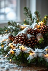 Obraz premium Winter Holiday Decor Featuring Snow-Dusted Pinecones and Evergreen Branches